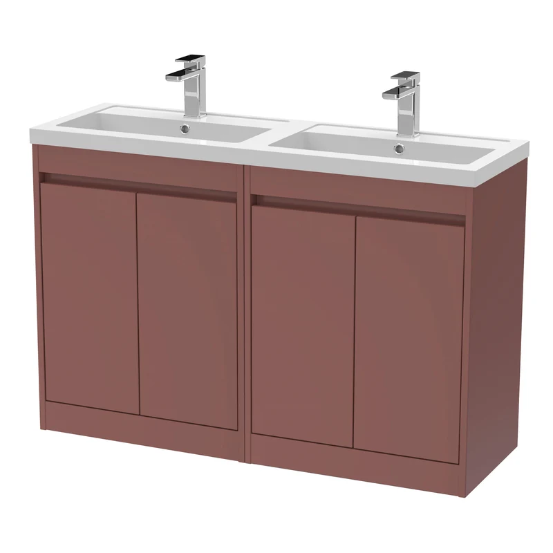 Havana 1200mm Floor Standing 4 Door Vanity Unit With Double Polymarble Basin - Smoked Red Satin