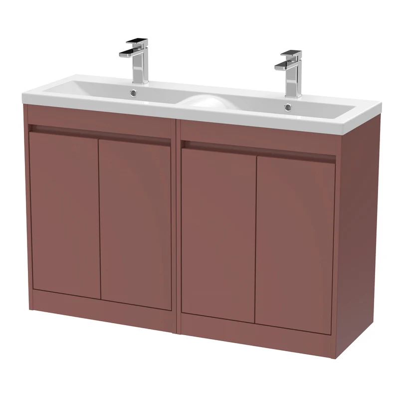Havana 1200mm Floor Standing 4 Door Vanity Unit With Double Ceramic Basin - Smoked Red Satin
