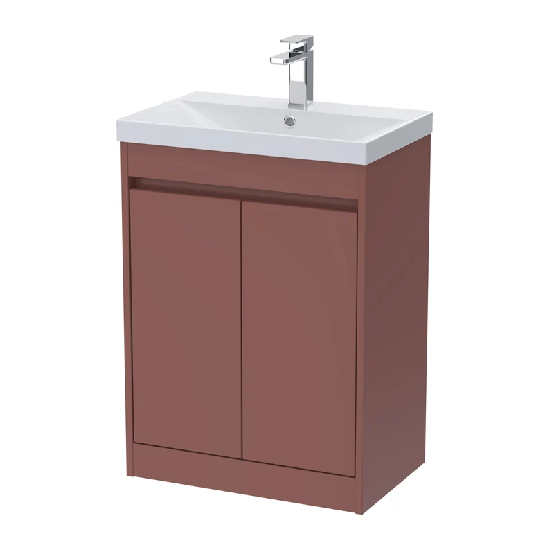 Havana 600mm Floor Standing 2 Door Vanity Unit With Thin Edge Ceramic Basin - Smoked Red Satin