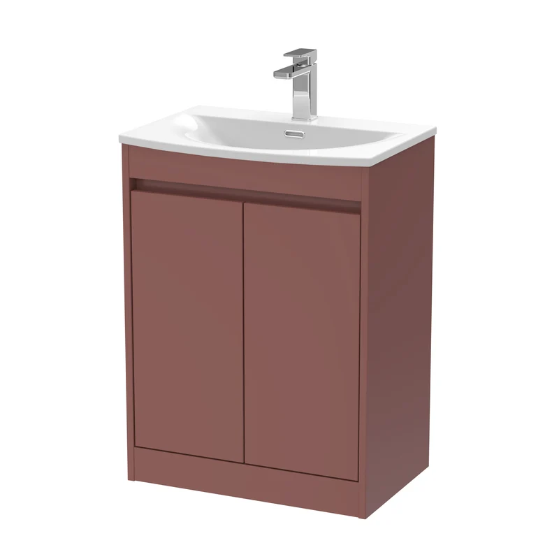 Havana 600mm Floor Standing 2 Door Vanity Unit With Curved Ceramic Basin - Smoked Red Satin