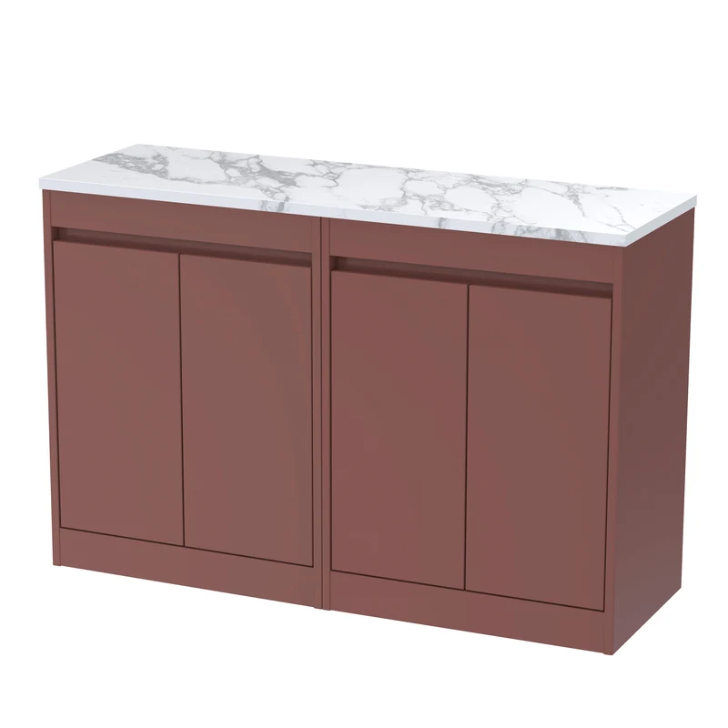 Havana 1200mm Floor Standing 4 Door Vanity Unit & Carrera Marble Laminate Worktop - Smoked Red Satin