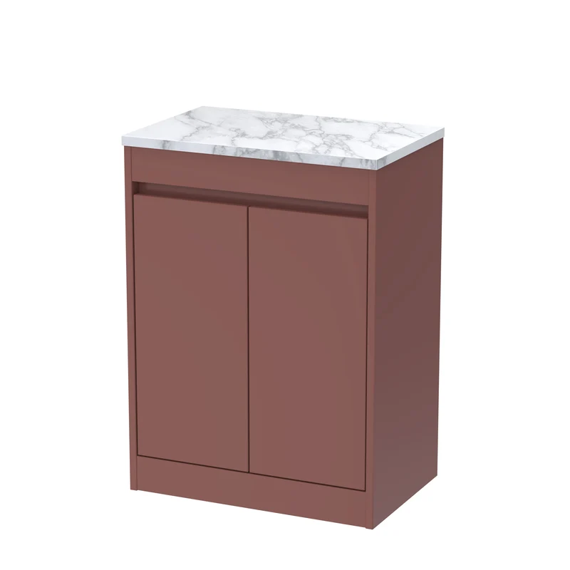 Havana 600mm Floor Standing 2 Door Vanity Unit & Carrera Marble Laminate Worktop - Smoked Red Satin