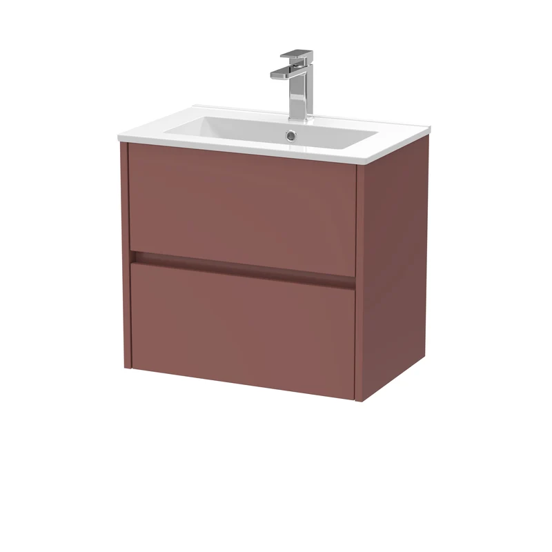 Havana 600mm Wall Hung 2 Drawer Vanity Unit With Minimalist Ceramic Basin - Smoked Red Satin