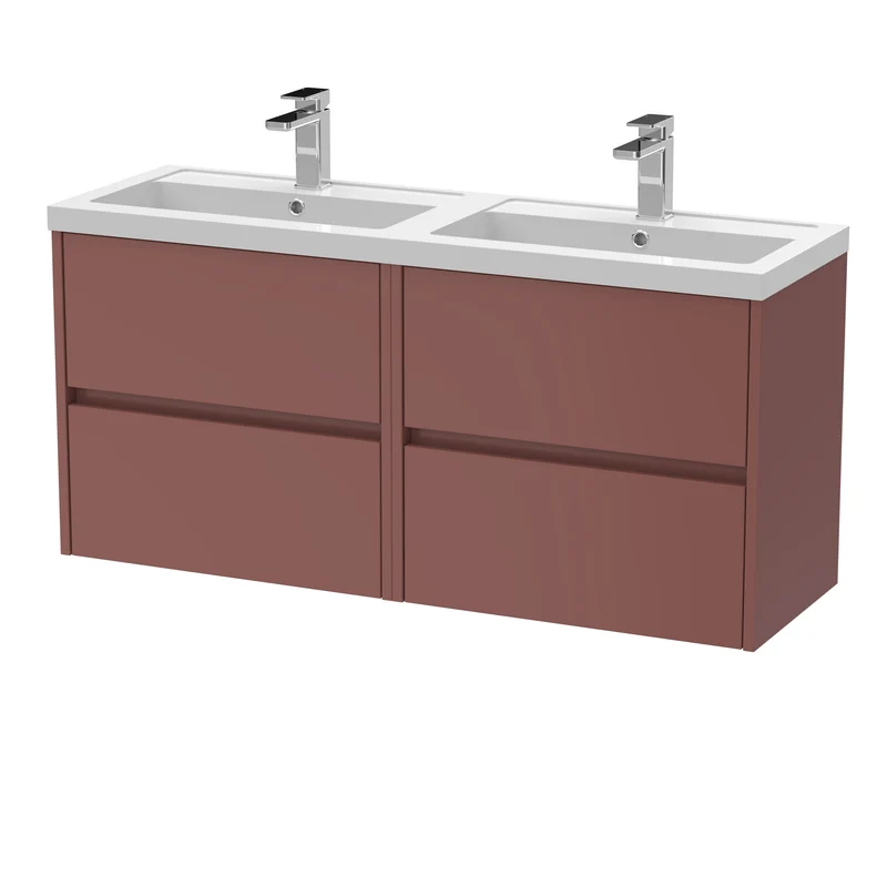 Havana 1200mm Wall Hung 4 Drawer Vanity Unit With Double Polymarble Basin - Smoked Red Satin