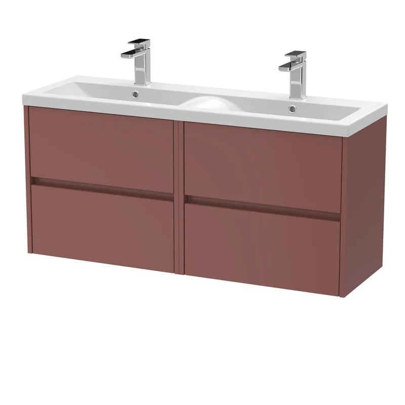 Havana 1200mm Wall Hung 4 Drawer Vanity Unit With Double Ceramic Basin - Smoked Red Satin