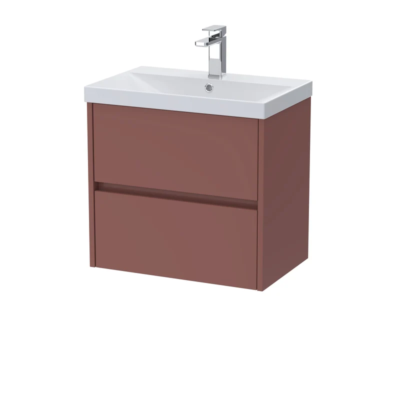 Havana 600mm Wall Hung 2 Drawer Vanity Unit With Thin Edge Ceramic Basin - Smoked Red Satin