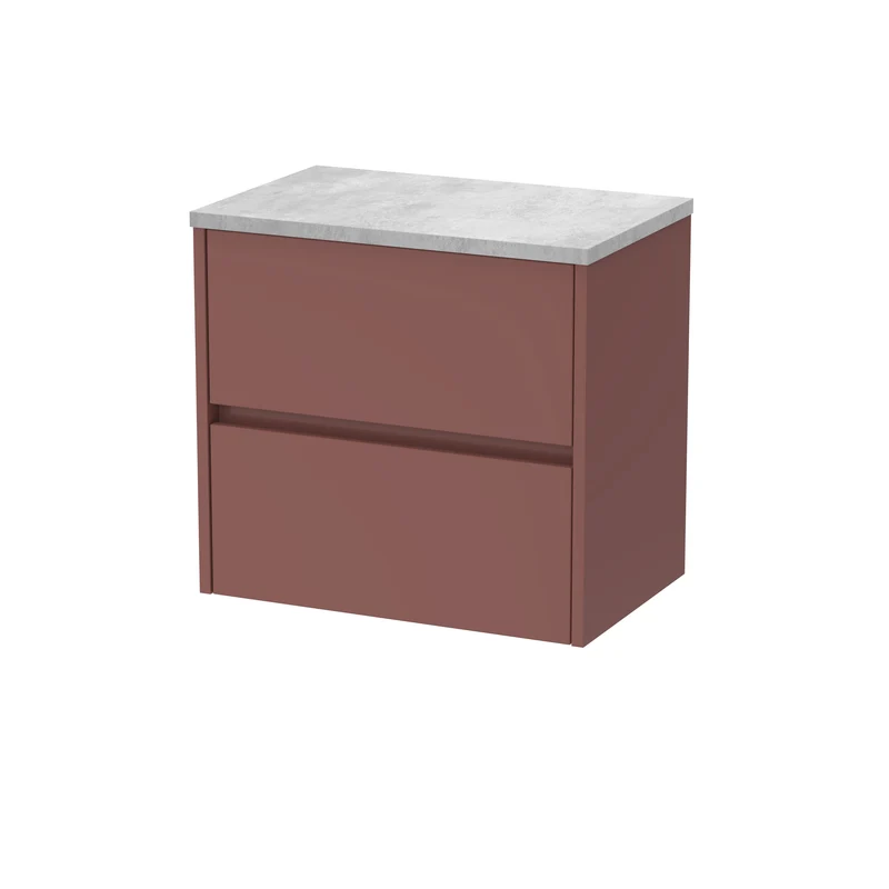 Havana 600mm Wall Hung 2 Drawer Vanity Unit With Bellato Grey Laminate Worktop - Smoked Red Satin