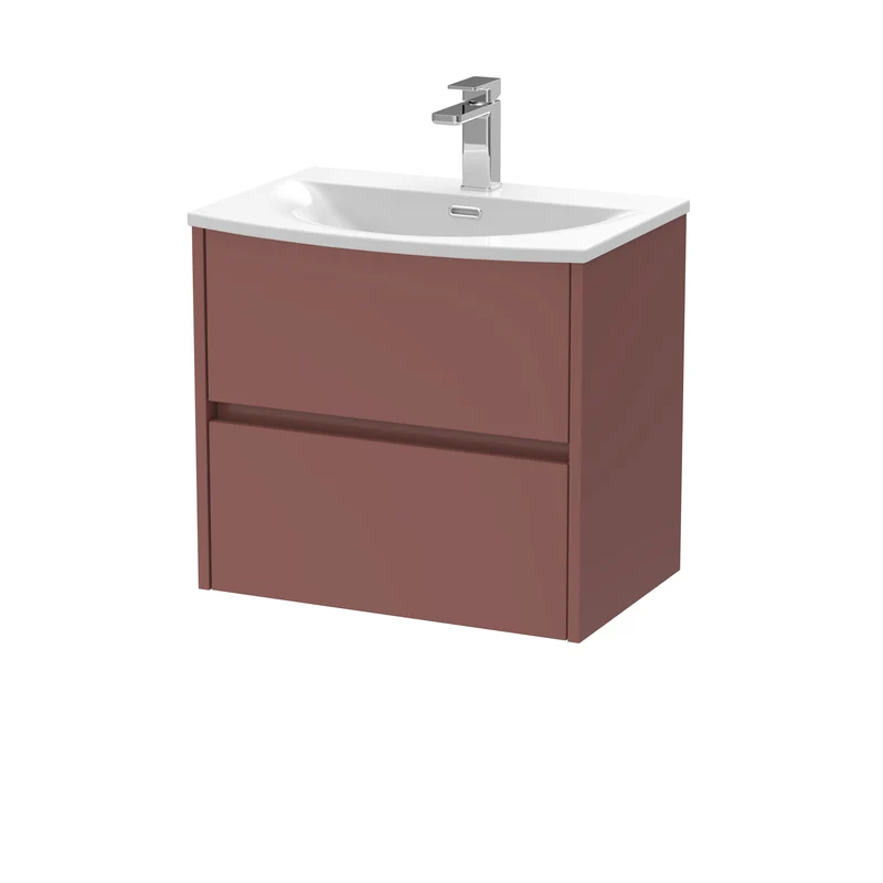 Havana 600mm Wall Hung 2 Drawer Vanity Unit With Curved Ceramic Basin - Smoked Red Satin