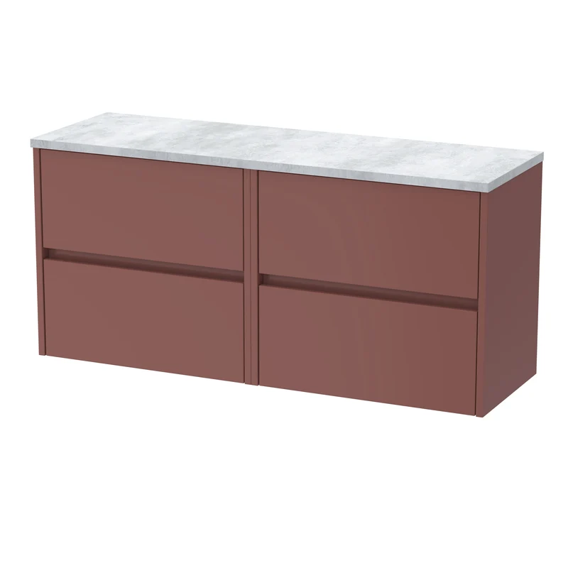 Havana 1200mm Wall Hung 4 Drawer Vanity Unit With Bellato Grey Laminate Worktop - Smoked Red Satin