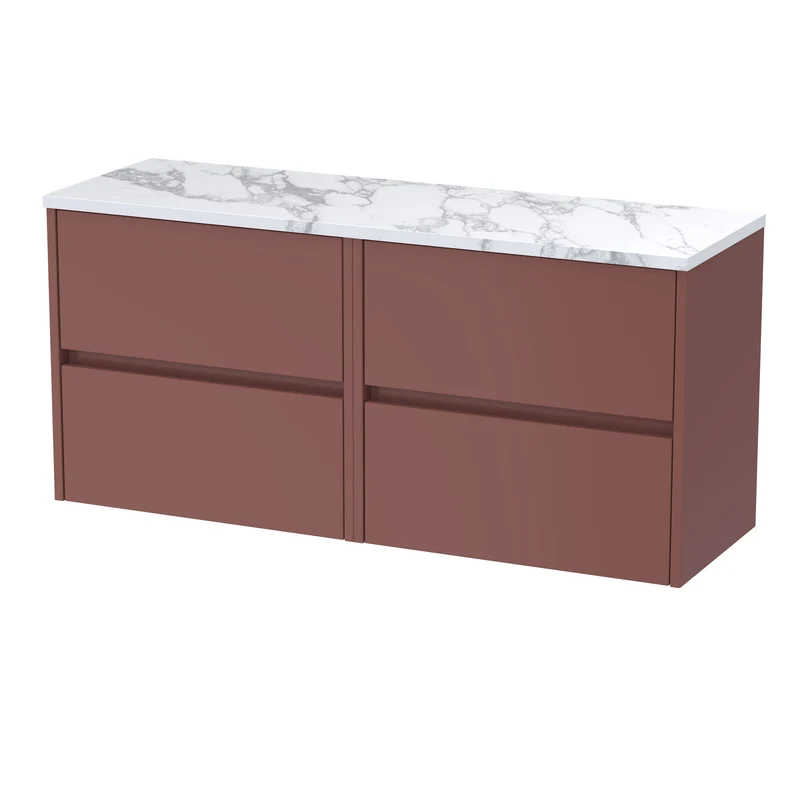 Havana 1200mm Wall Hung 4 Drawer Vanity Unit & Carrera Marble Laminate Worktop - Smoked Red Satin