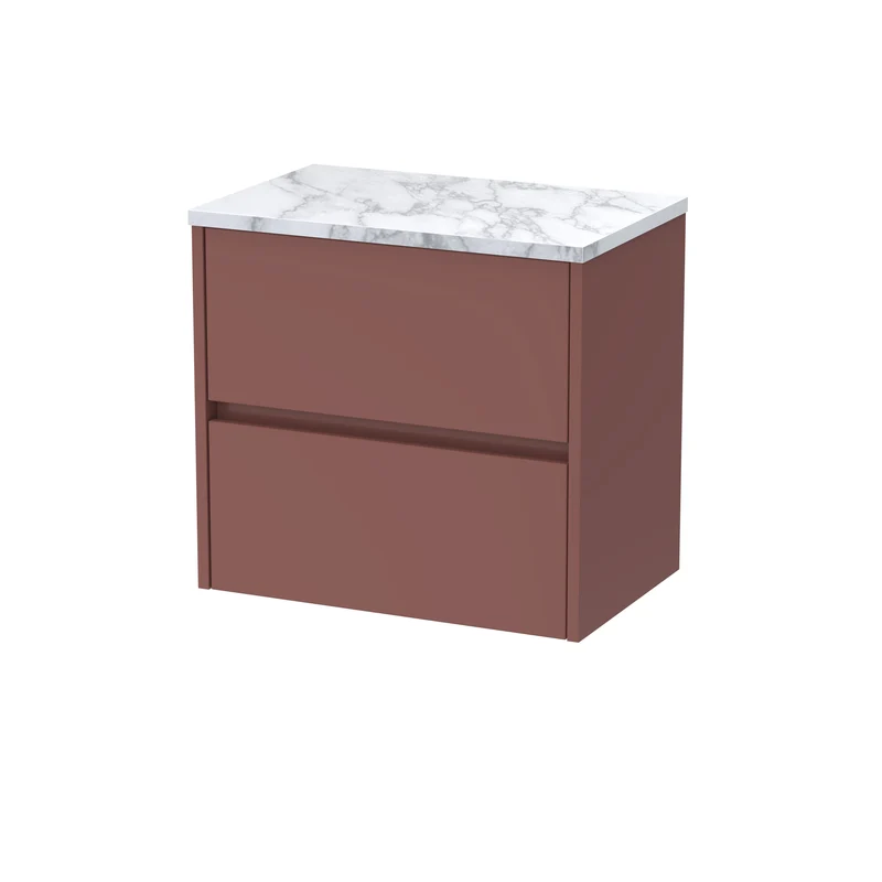 Havana 600mm Wall Hung 2 Drawer Vanity Unit & Carrera Marble Laminate Worktop - Smoked Red Satin