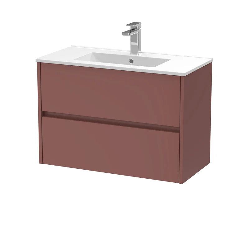 Havana 800mm Wall Hung 2 Drawer Vanity Unit With Minimalist Ceramic Basin - Smoked Red Satin