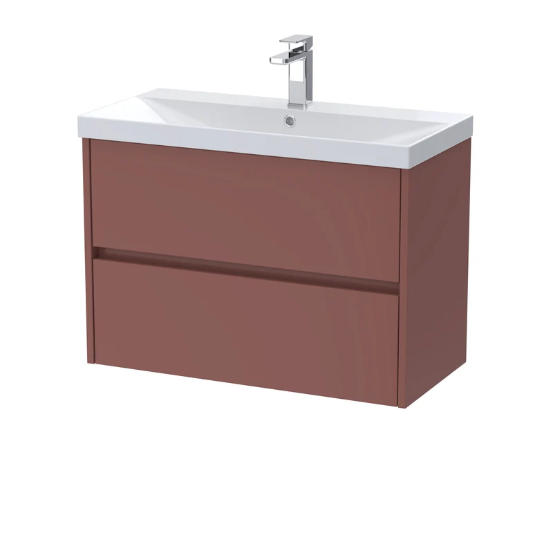 Havana 800mm Wall Hung 2 Drawer Vanity Unit With Thin Edge Ceramic Basin - Smoked Red Satin