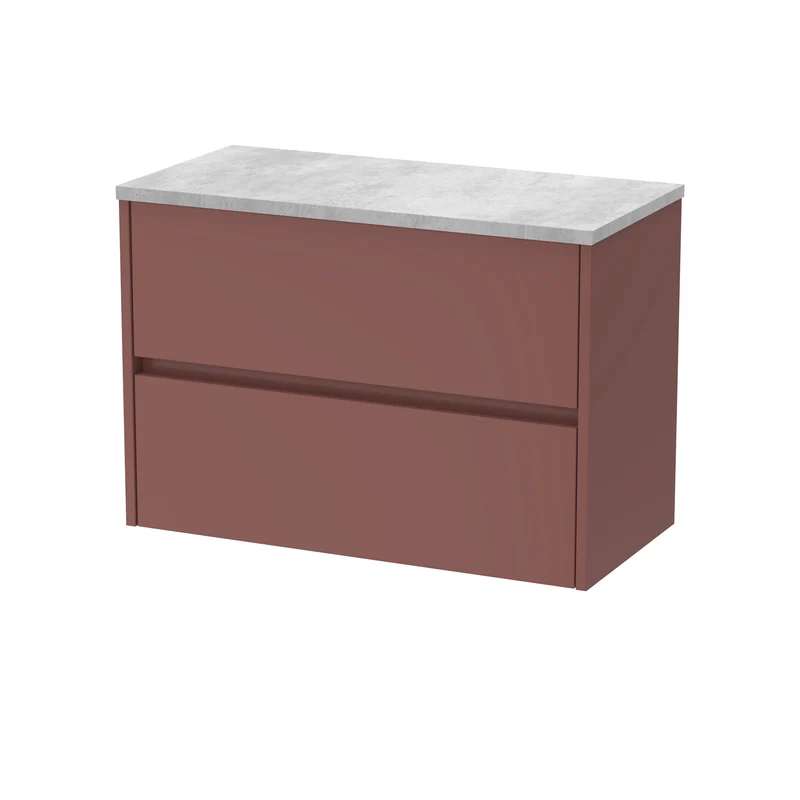 Havana 800mm Wall Hung 2 Drawer Vanity Unit With Bellato Grey Laminate Worktop - Smoked Red Satin