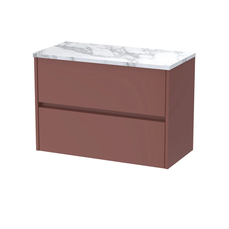 Havana 800mm Wall Hung 2 Drawer Vanity Unit & Carrera Marble Laminate Worktop - Smoked Red Satin