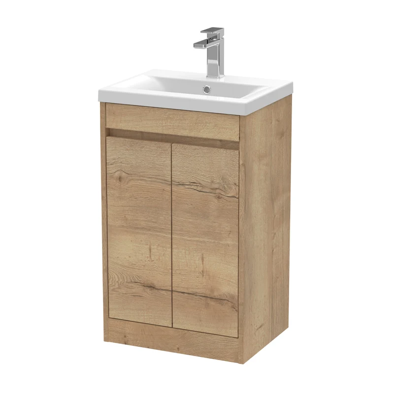 Havana 500mm Floor Standing 2 Door Vanity Unit With Mid Edge Ceramic Basin - Autumn Oak Woodgrain