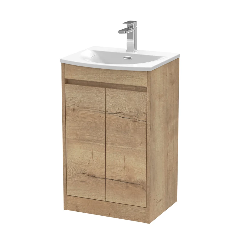 Havana 500mm Floor Standing 2 Door Vanity Unit With Curved Ceramic Basin - Autumn Oak Woodgrain
