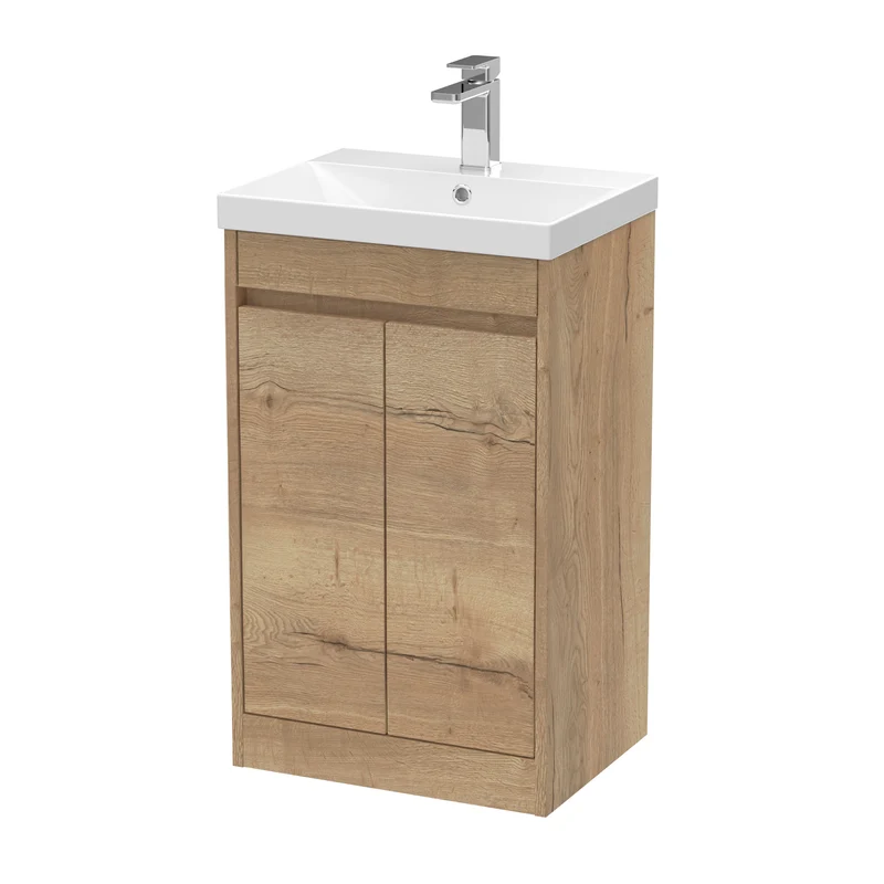 Havana 500mm Floor Standing 2 Door Vanity Unit With Thin Edge Ceramic Basin - Autumn Oak Woodgrain