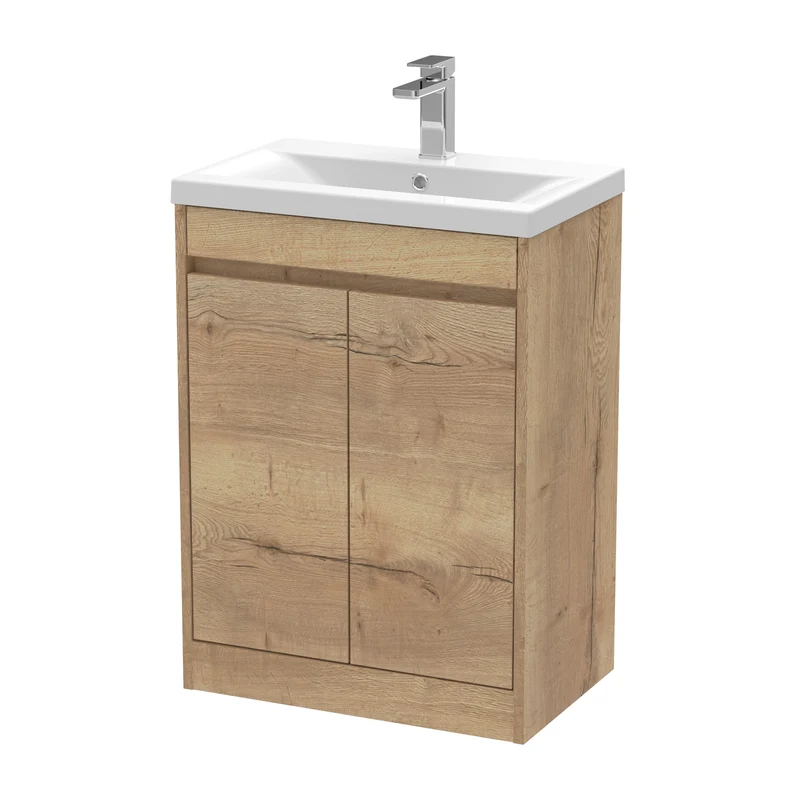 Havana 600mm Floor Standing 2 Door Vanity Unit With Mid Edge Ceramic Basin - Autumn Oak Woodgrain