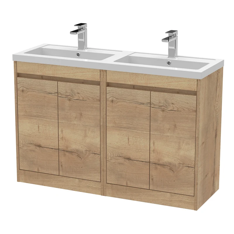 Havana 1200mm Floor Standing 4 Door Vanity Unit With Double Polymarble Basin - Autumn Oak Woodgrain