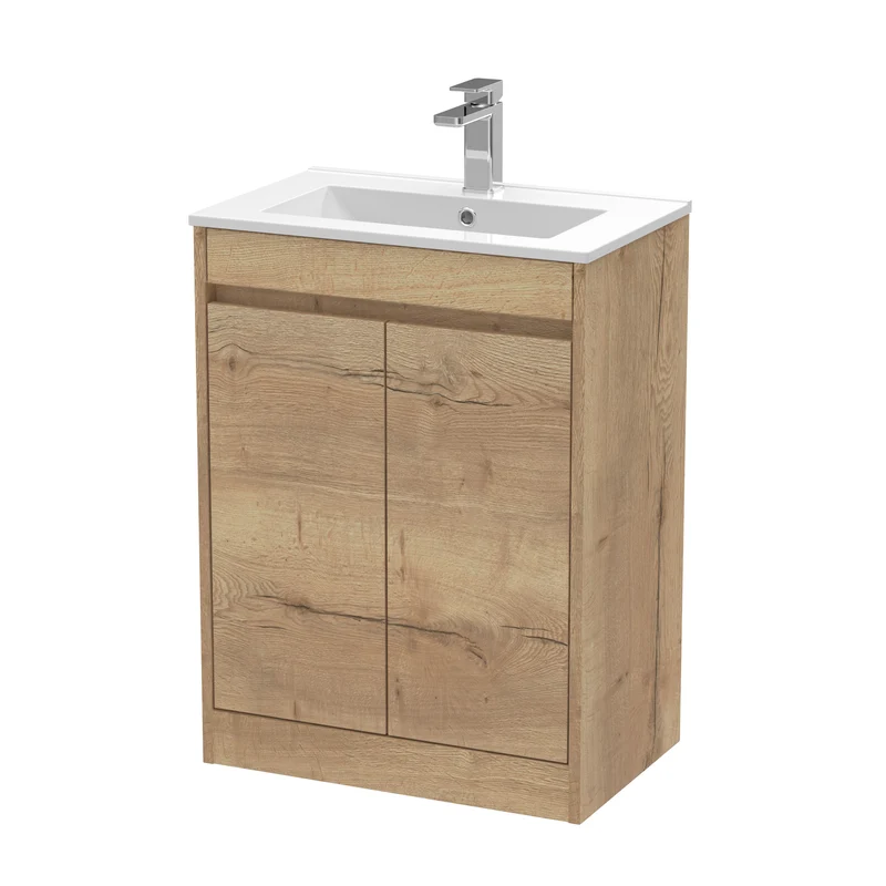 Havana 600mm Floor Standing 2 Door Vanity Unit With Minimalist Basin - Autumn Oak Woodgrain