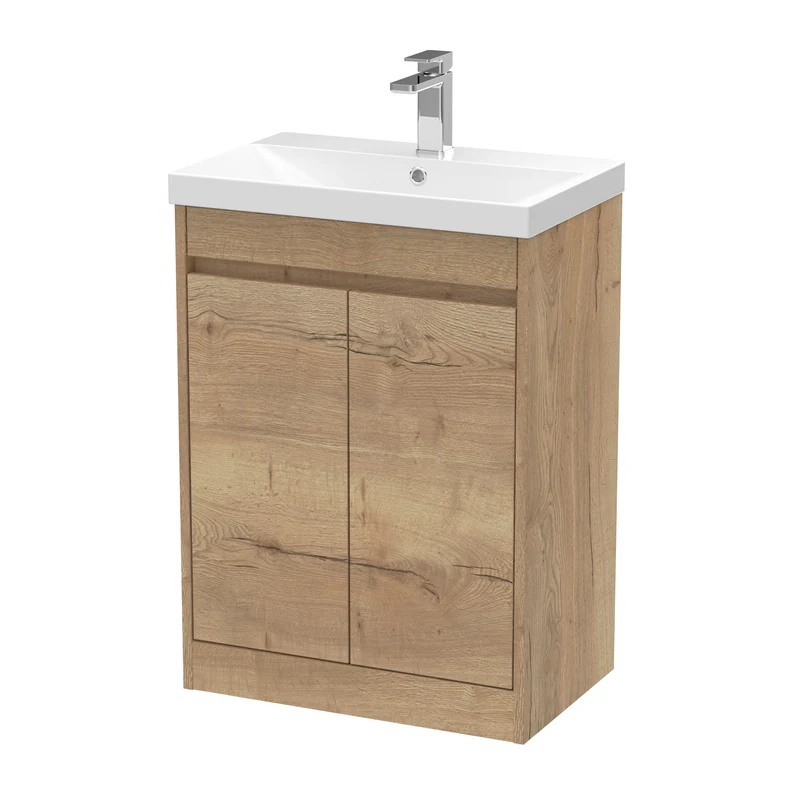 Havana 600mm Floor Standing 2 Door Vanity Unit With Thin Edge Ceramic Basin - Autumn Oak Woodgrain