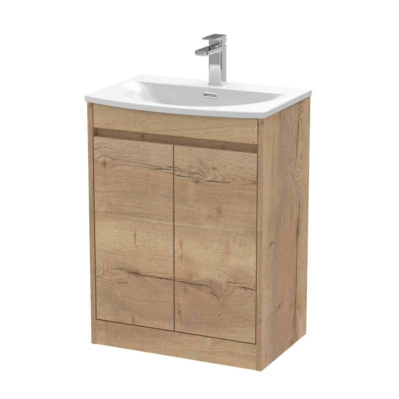 Havana 600mm Floor Standing 2 Door Vanity Unit With Curved Ceramic Basin - Autumn Oak Woodgrain