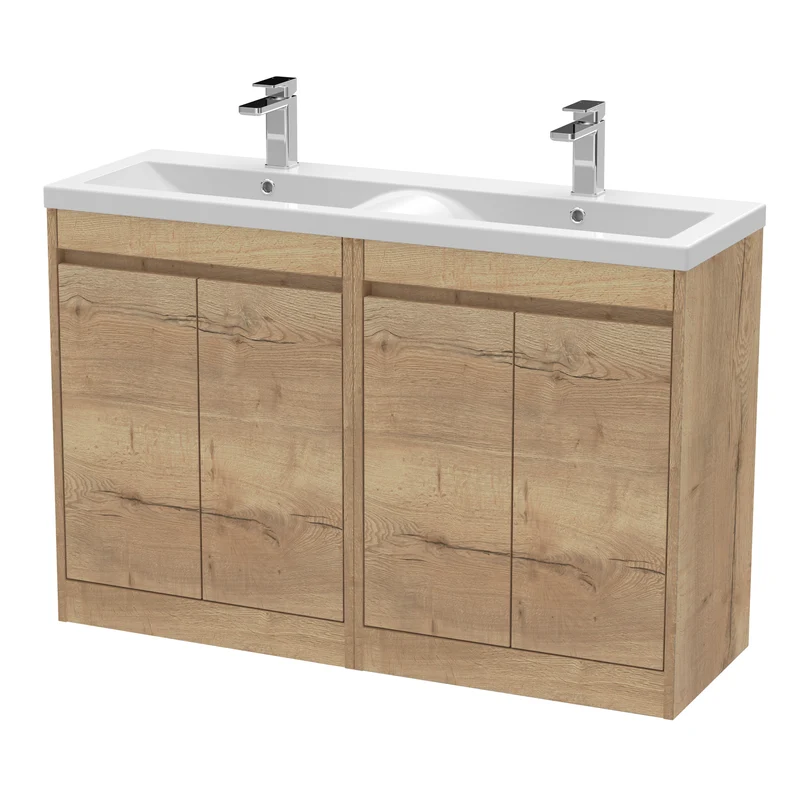 Havana 1200mm Floor Standing 4 Door Vanity Unit With Double Ceramic Basin - Autumn Oak Woodgrain