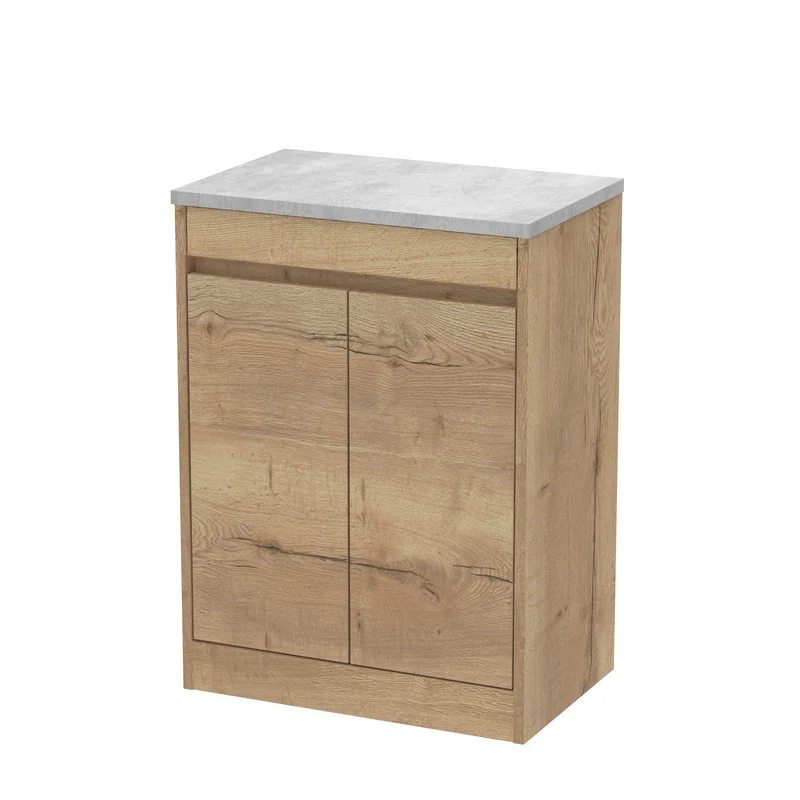 Havana 600mm Floor Standing 2 Door Vanity Unit With Bellato Grey Laminate Worktop - Autumn Oak Woodgrain