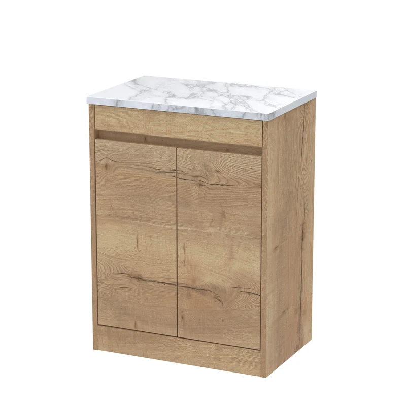 Havana 600mm Floor Standing 2 Door Vanity Unit & Carrera Marble Laminate Worktop - Autumn Oak Woodgrain