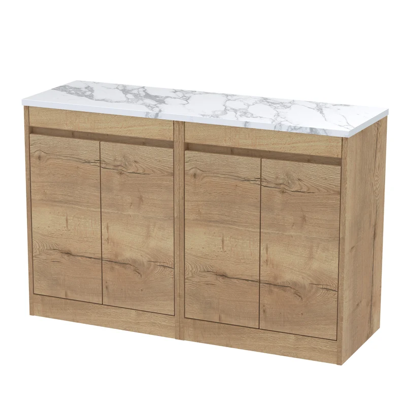 Havana 1200mm Floor Standing 4 Door Vanity Unit & Carrera Marble Laminate Worktop - Autumn Oak Woodgrain
