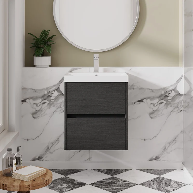 Havana 500mm Wall Hung 2 Drawer Vanity Unit & Thin Edge Ceramic Basin - Graphite Grey Woodgrain