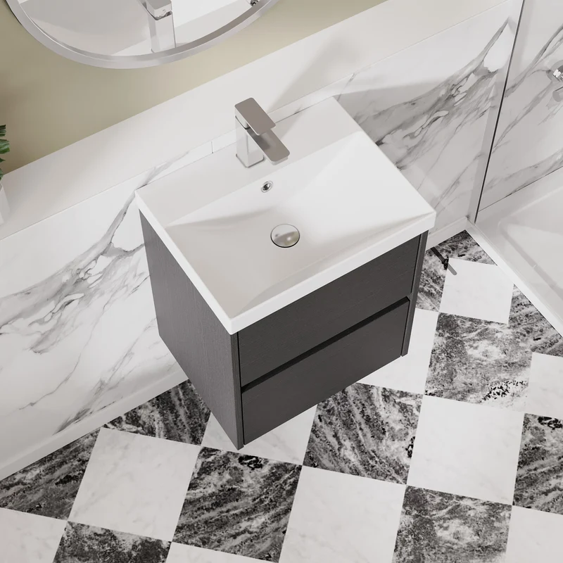 Havana 500mm Wall Hung 2 Drawer Vanity Unit & Thin Edge Ceramic Basin - Graphite Grey Woodgrain
