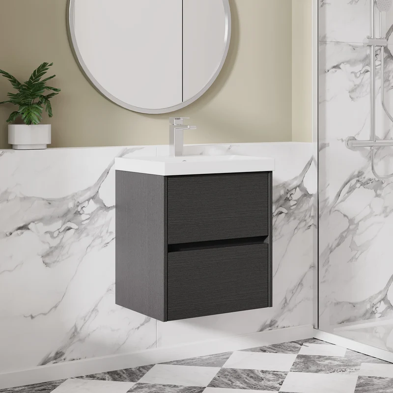 Havana 500mm Wall Hung 2 Drawer Vanity Unit & Thin Edge Ceramic Basin - Graphite Grey Woodgrain