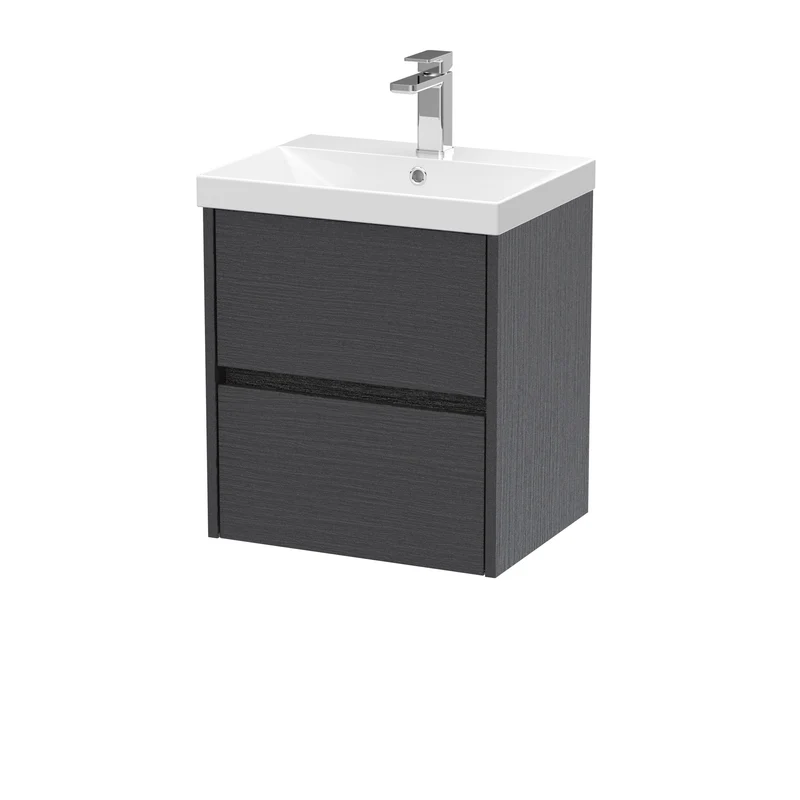 Havana 500mm Wall Hung 2 Drawer Vanity Unit & Thin Edge Ceramic Basin - Graphite Grey Woodgrain