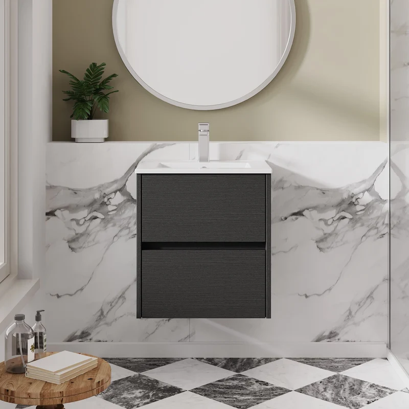 Havana 500mm Wall Hung 2 Drawer Vanity Unit & Minimalist Ceramic Basin - Graphite Grey Woodgrain