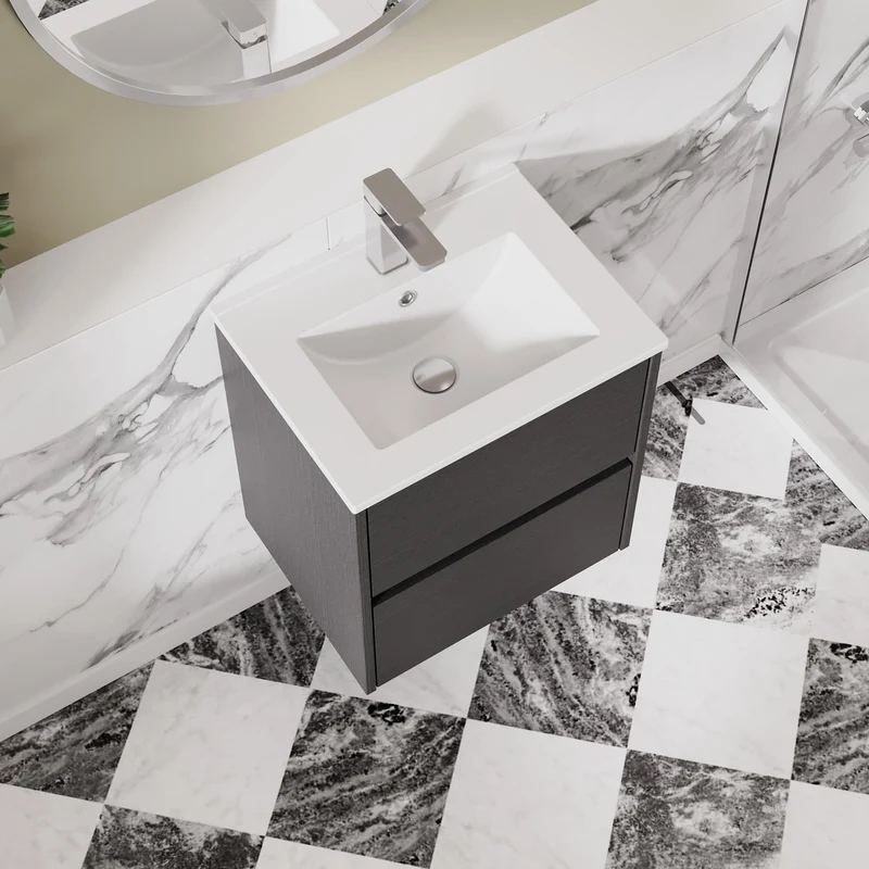 Havana 500mm Wall Hung 2 Drawer Vanity Unit & Minimalist Ceramic Basin - Graphite Grey Woodgrain