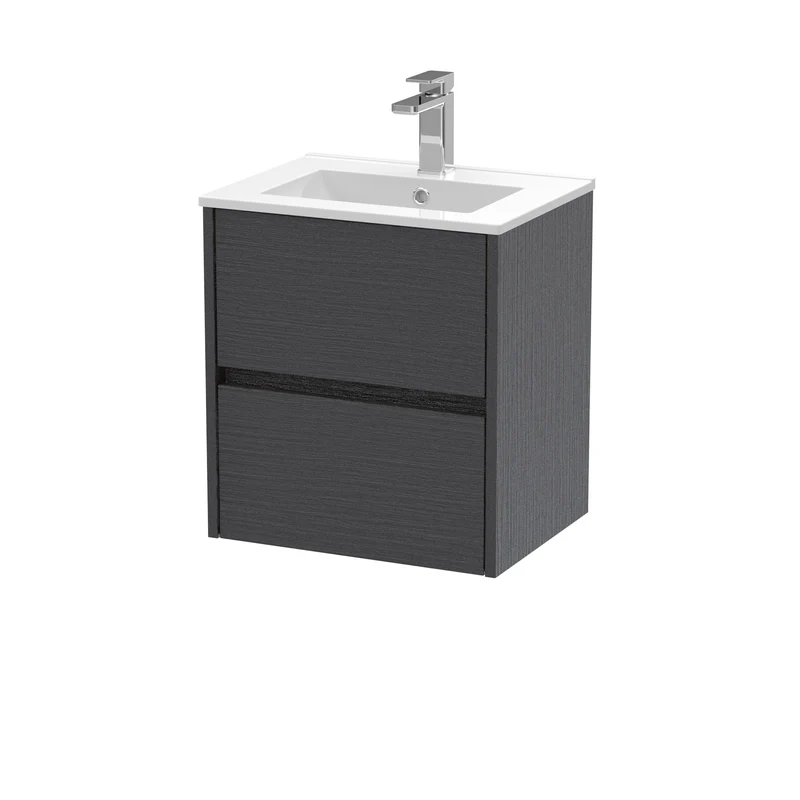 Havana 500mm Wall Hung 2 Drawer Vanity Unit & Minimalist Ceramic Basin - Graphite Grey Woodgrain