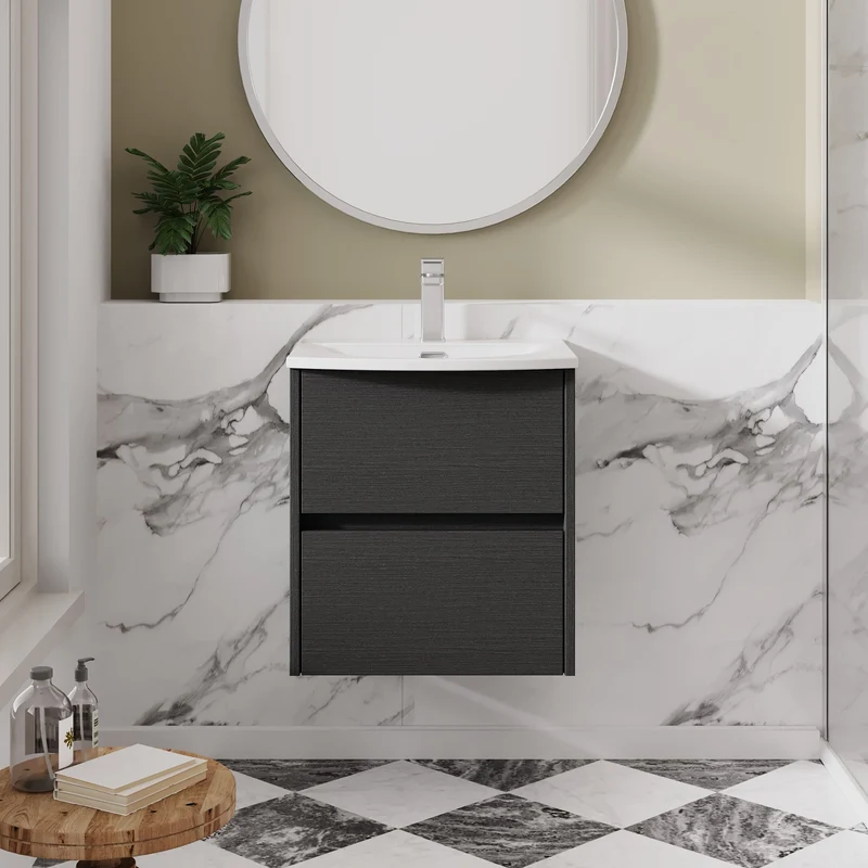 Havana 500mm Wall Hung 2 Drawer Vanity Unit & Curved Ceramic Basin - Graphite Grey Woodgrain