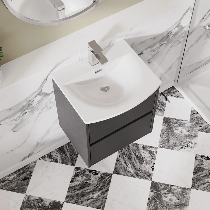 Havana 500mm Wall Hung 2 Drawer Vanity Unit & Curved Ceramic Basin - Graphite Grey Woodgrain
