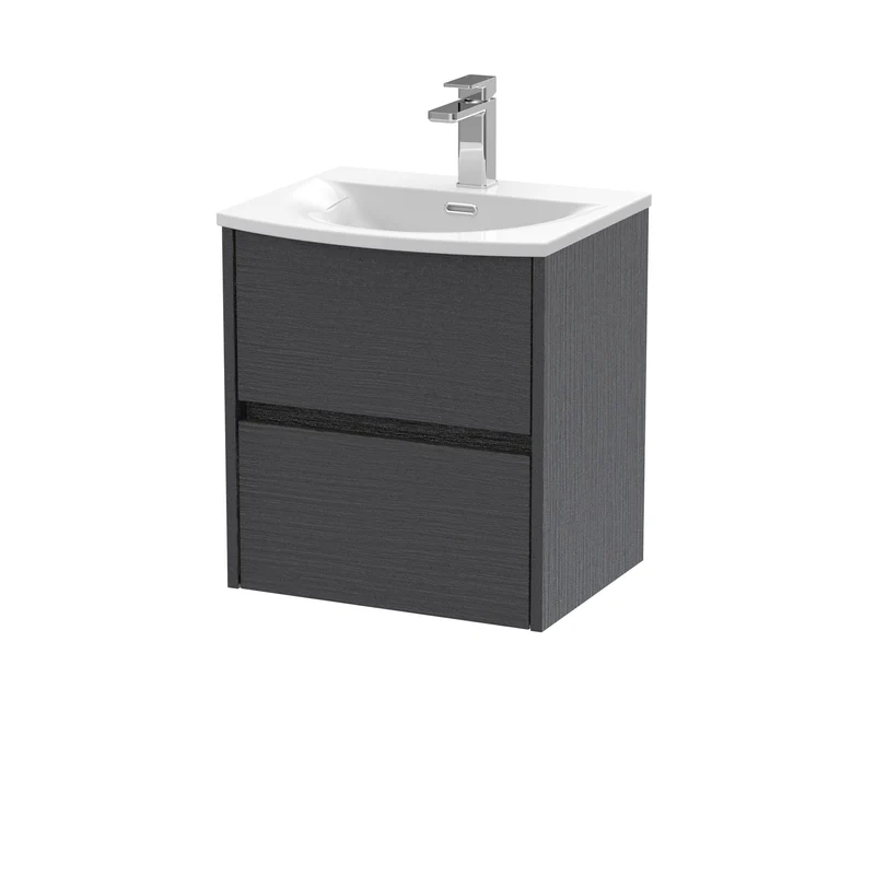 Havana 500mm Wall Hung 2 Drawer Vanity Unit & Curved Ceramic Basin - Graphite Grey Woodgrain