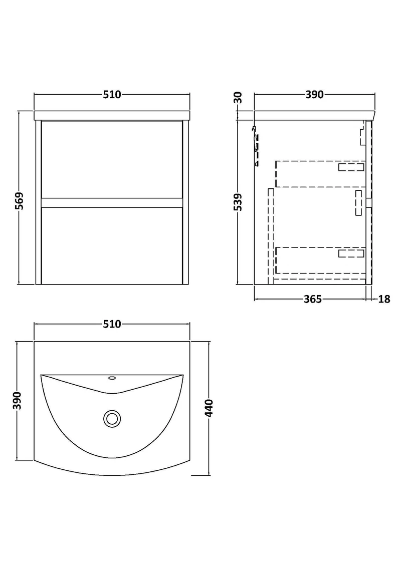 Havana 500mm Wall Hung 2 Drawer Vanity Unit & Curved Ceramic Basin - Graphite Grey Woodgrain