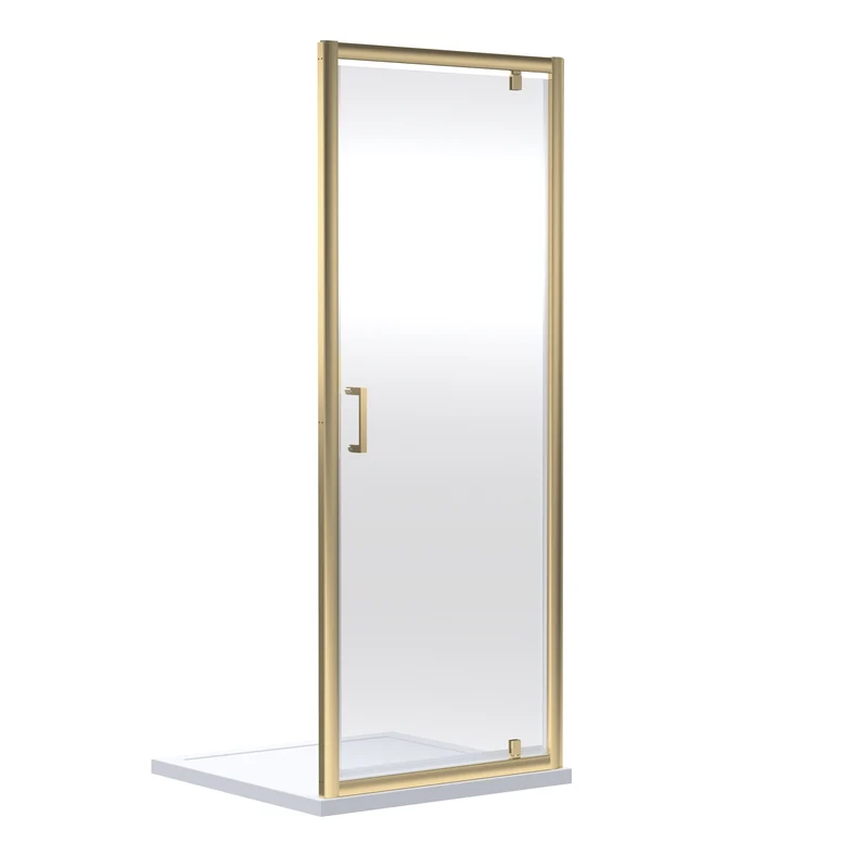 Porto Brushed Brass 6mm Pivot Shower Door With White Stone Resin Tray & Waste