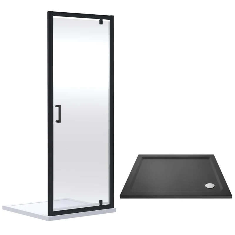 Porto Matt Black 6mm Pivot Shower Door With Slate Effect Stone Resin Tray & Waste