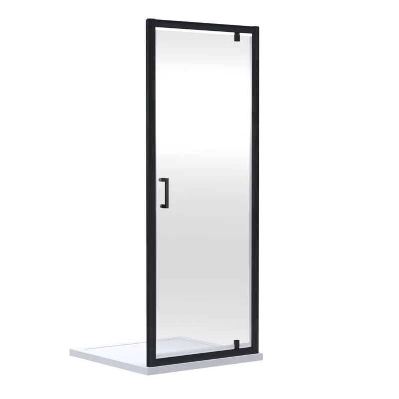 Porto Matt Black 6mm Pivot Shower Door With Slate Effect Stone Resin Tray & Waste