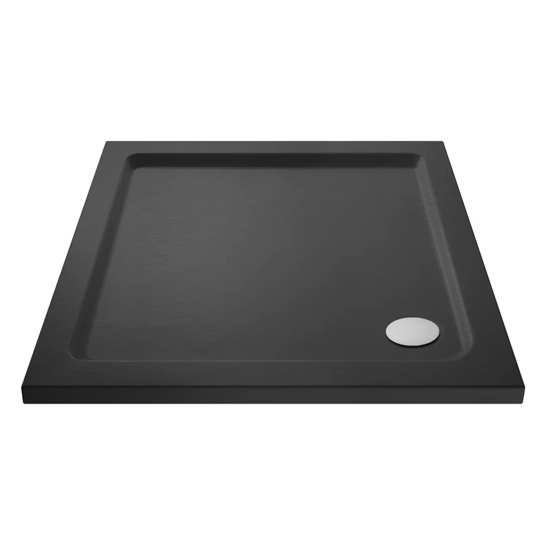 Porto Matt Black 6mm Pivot Shower Door With Slate Effect Stone Resin Tray & Waste