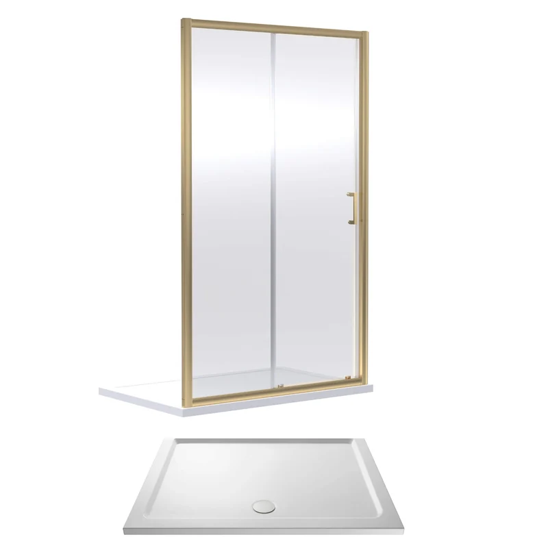 Porto Brushed Brass 6mm Sliding Shower Door With White Stone Resin Tray & Waste