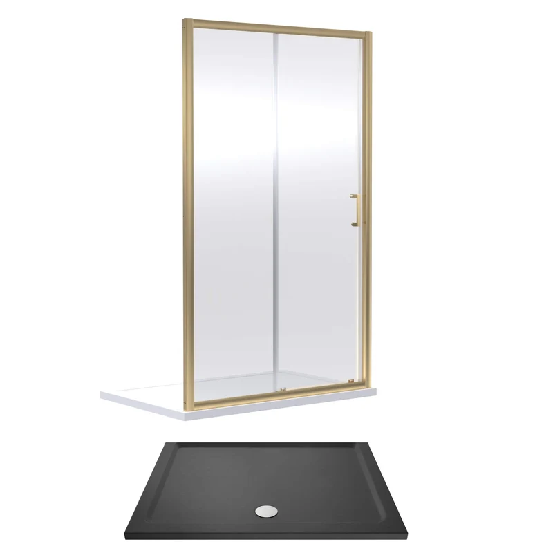 Porto Brushed Brass 6mm Sliding Shower Door With Slate Effect Stone Resin Tray & Waste