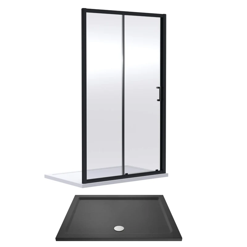 Porto Matt Black 6mm Sliding Shower Door With Slate Effect Stone Resin Tray & Waste