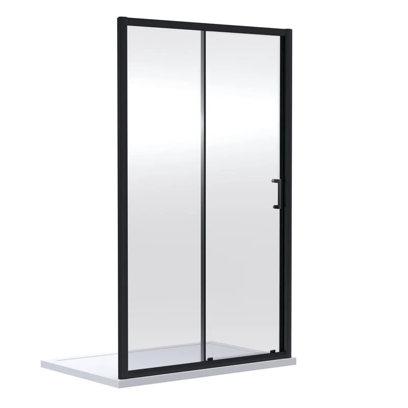Porto Matt Black 6mm Sliding Shower Door With Slate Effect Stone Resin Tray & Waste
